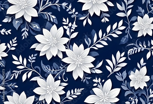 floral elegance seamless pattern. navy blue white botanical wallpaper. intricate monochrome flower design.