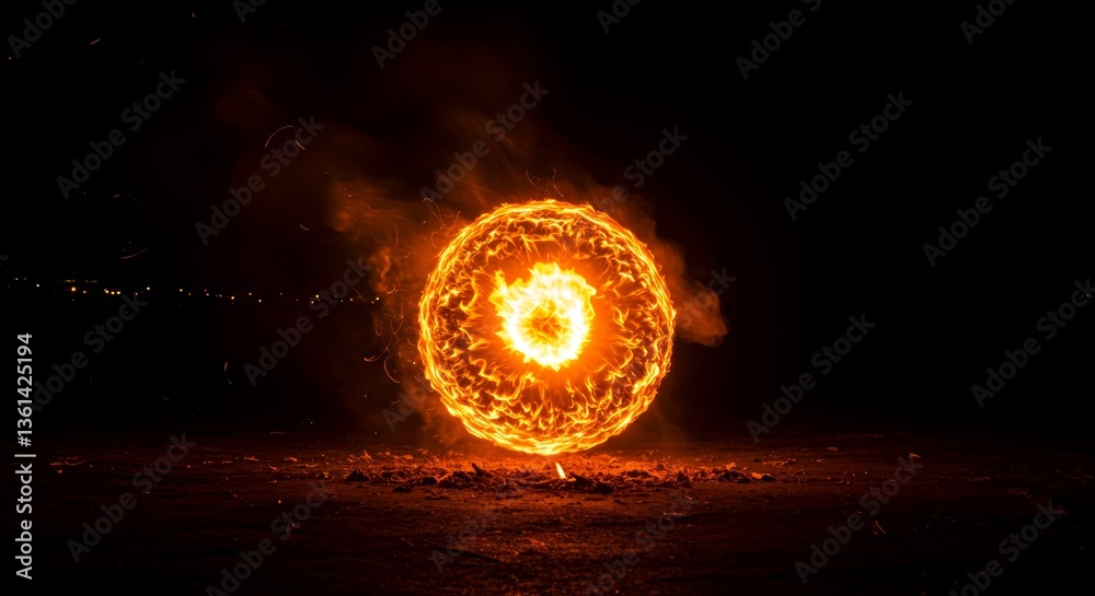 Fototapeta premium Fiery wheel glowing in the night sky with smoke backdrop 