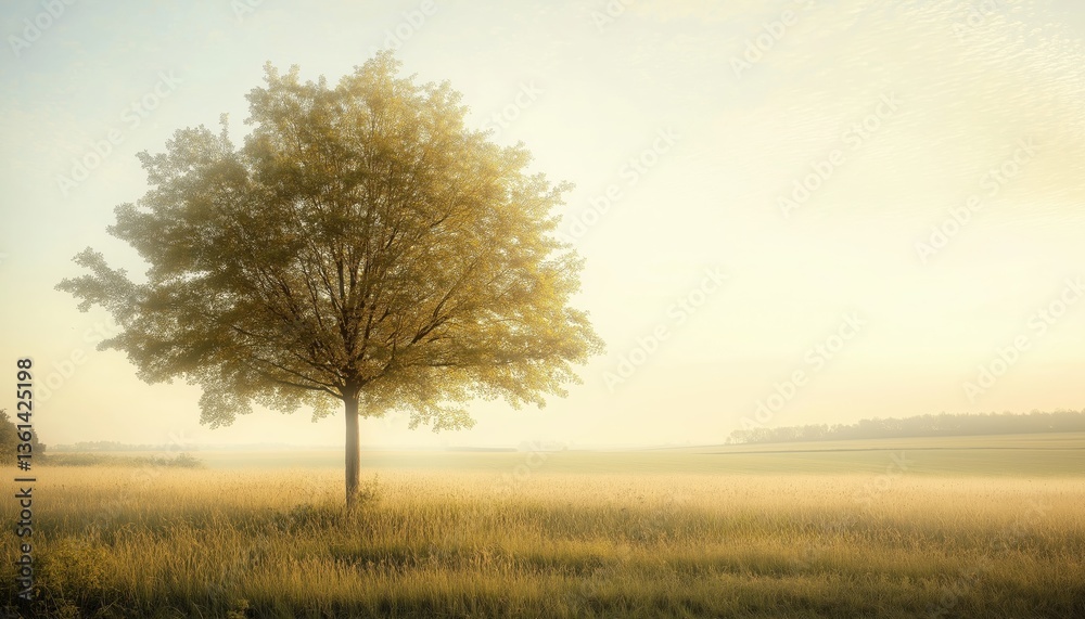 Green Innovation Serene Tree in Golden Field with Morning Mist Green Innovation Serene Tree in Golden Field with Morning Mist