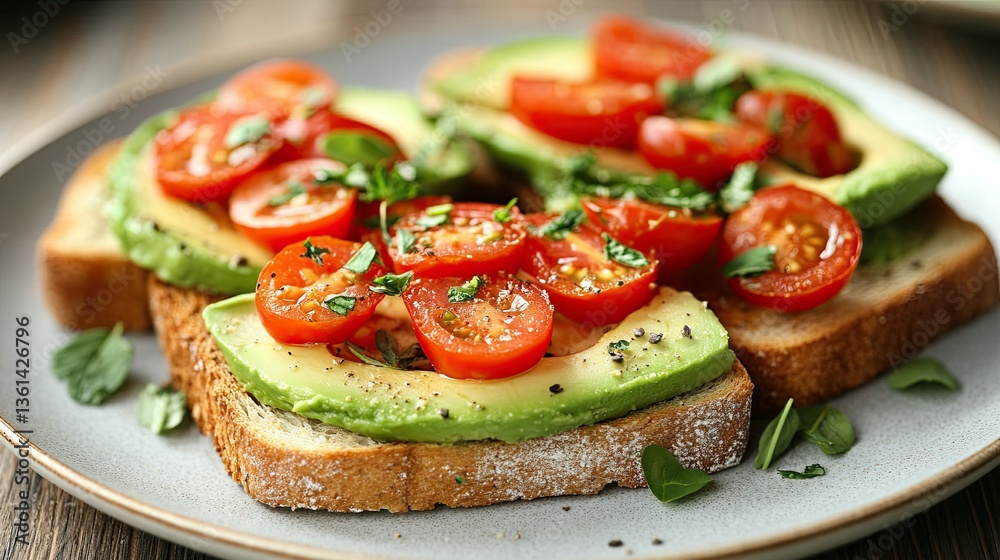 Delicious avocado toast topped with cherry tomatoes and herbs on a plate Delicious avocado toast topped with cherry tomatoes and herbs on a plate