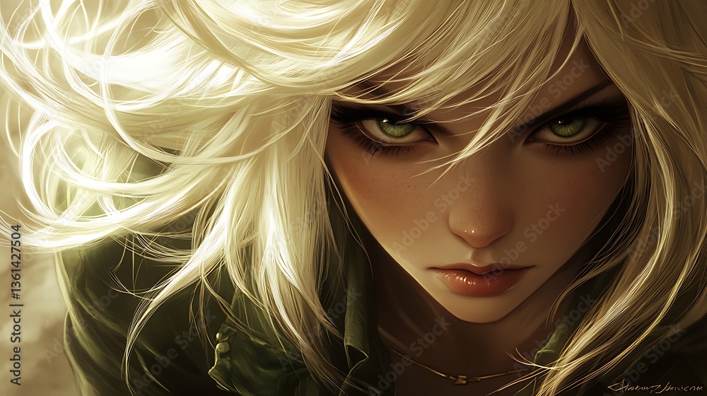 Fototapeta premium Close-up portrait of a woman with intense green eyes and blond hair.