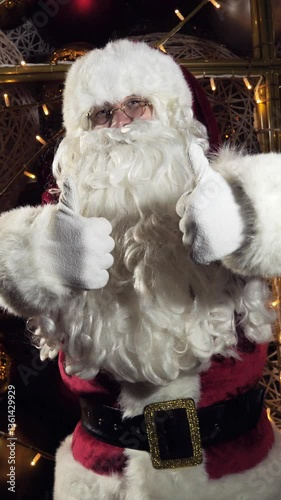 cheerful and funny santa claus showing thumbs up, looking at the camera. portrait of a happy santa. christmas concept