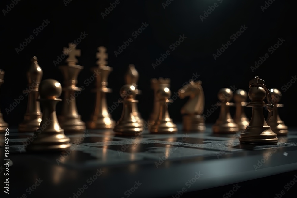 Bronze chess pieces arranged on a dark chessboard Bronze chess pieces arranged on a dark chessboard