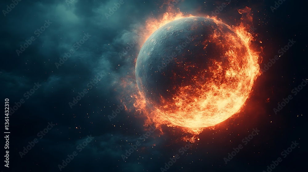 Obraz premium A celestial body engulfed in vibrant flames against a dark background