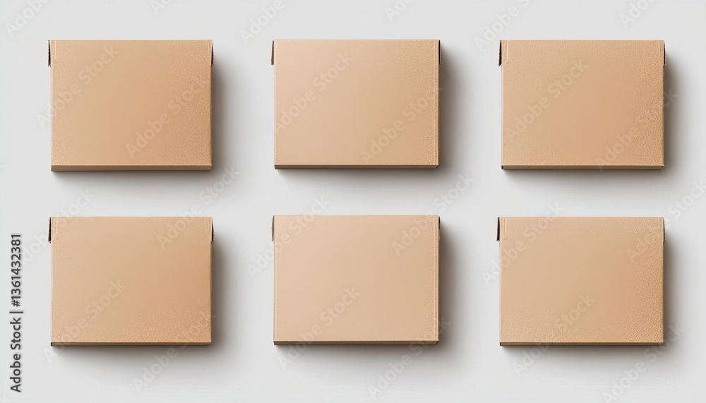 Minimalistic display of blank packaging boxes arranged on a flat surface. Minimalistic display of blank packaging boxes arranged on a flat surface.