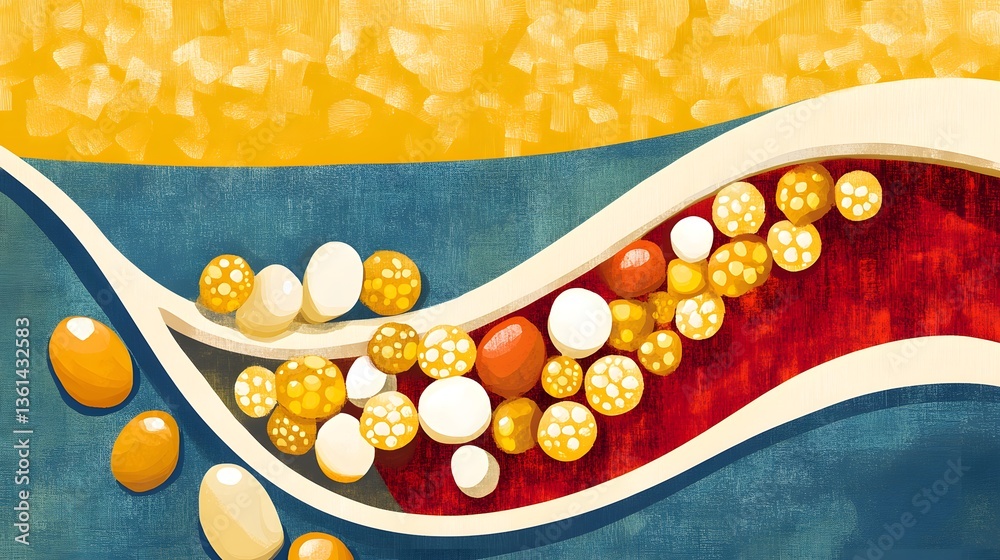 Abstract flowing vein, cells, gold background, medical illustration