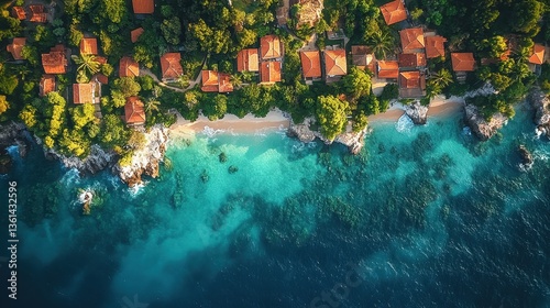 Aerial view showing tropical buildings beside ocean water and beach