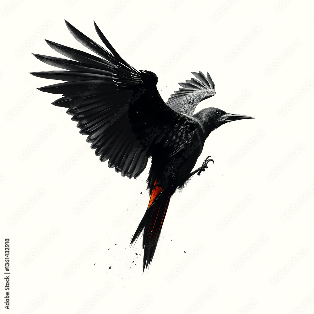 Fototapeta premium Black Bird in Flight Red Tail Monochrome Wings Spread