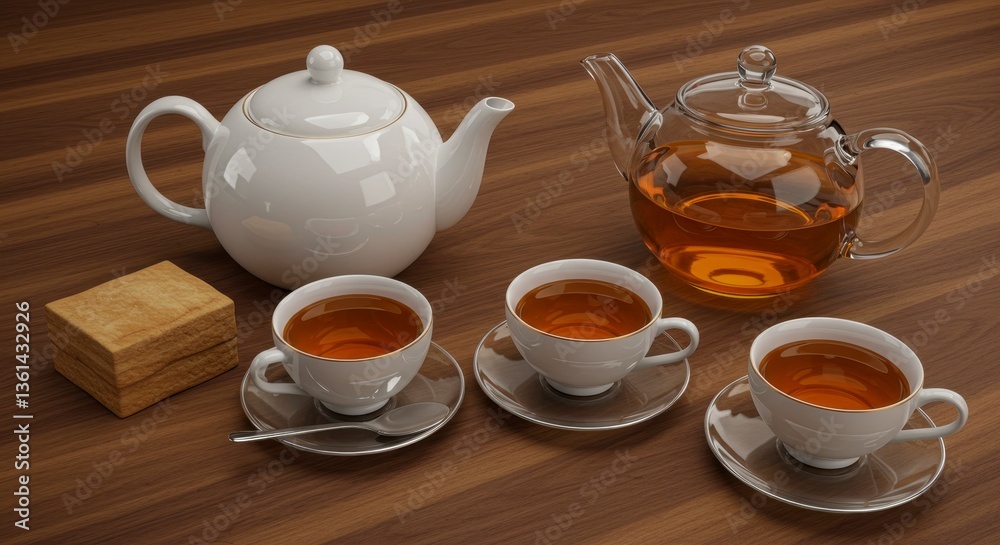 Fototapeta premium Warm Golden Hour Tea Set on Wooden Table