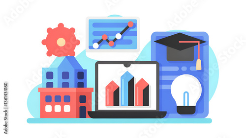 Non-Oil Economy Diversificatio Digital illustration depicting education and business growth concepts with graphs and a laptop.