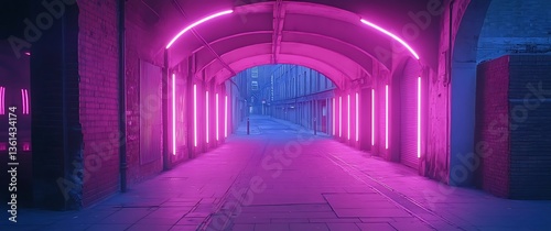 Fototapeta Naklejka Na Ścianę i Meble -  A cinematic photograph of an underground tunnel with pink and blue neon lights, Modern Futuristic Sci Fi Background. 3D illustration