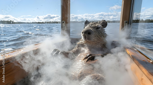Rodent Relaxing in a Steam-Filled Boat on a Lake