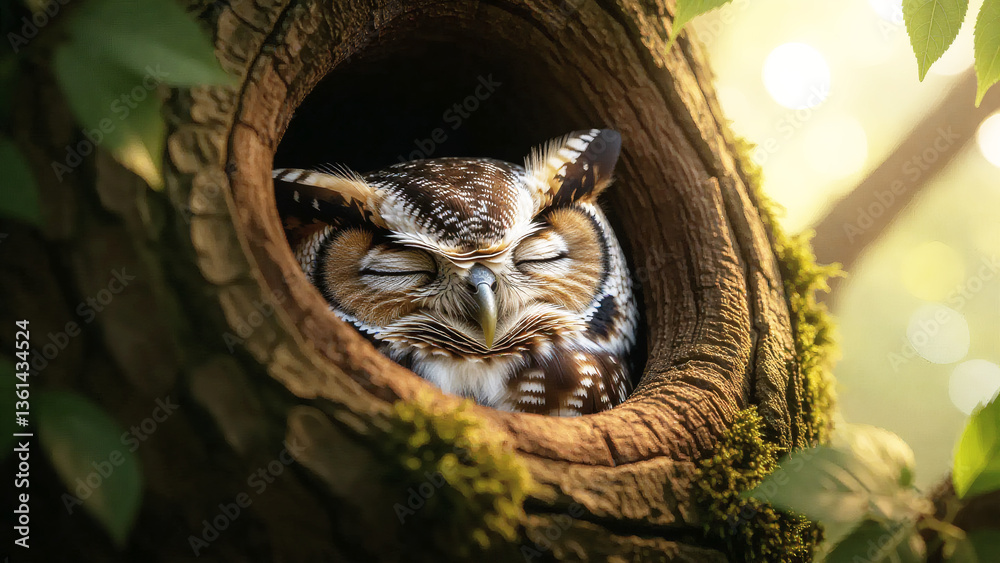 Fototapeta premium Peaceful Owl Napping in a Tree Hollow