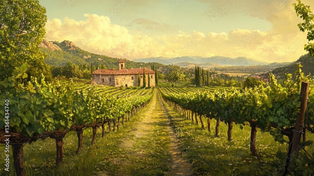 Naklejka premium Tuscan Vineyard Landscape: Serene Sunset over Rolling Hills and Vines