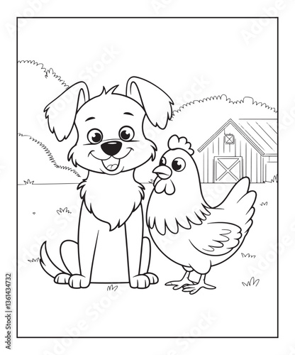 Dog playing with a hen coloring page for kids, black line art vector illustration on white background 