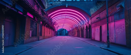 Fototapeta Naklejka Na Ścianę i Meble -  A cinematic photograph of an underground tunnel with pink and blue neon lights, Modern Futuristic Sci Fi Background. 3D illustration