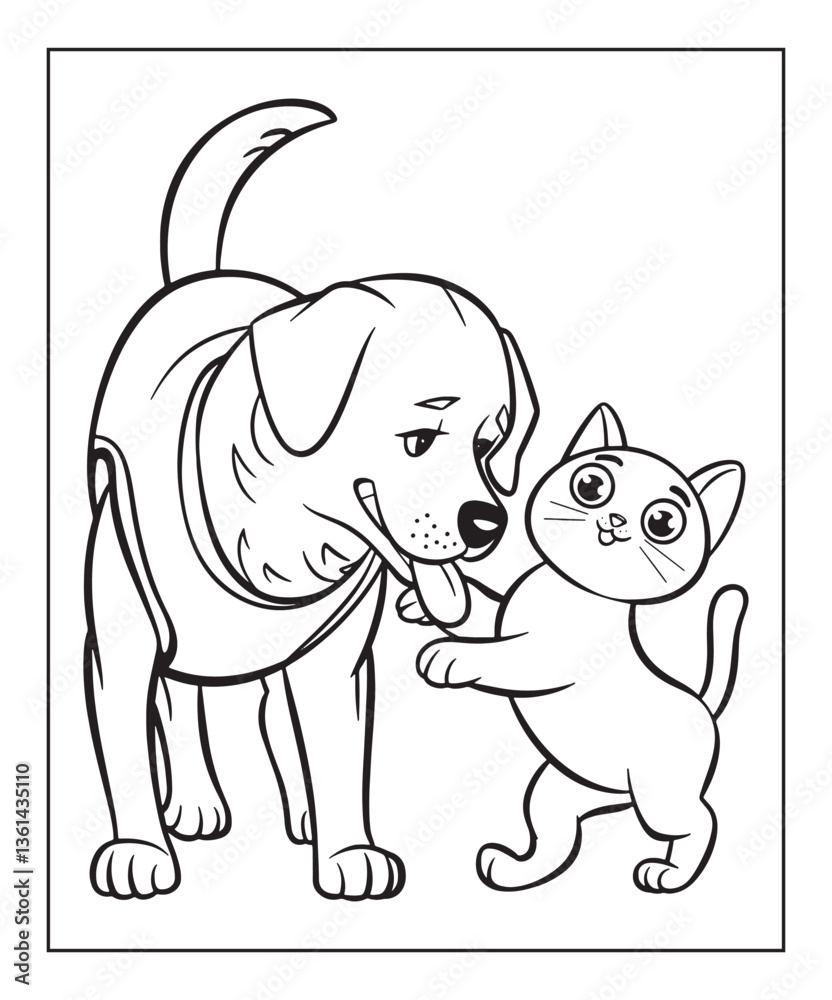 Fototapeta premium Dog playing with a cat coloring page for kids, black line art vector illustration on white background 