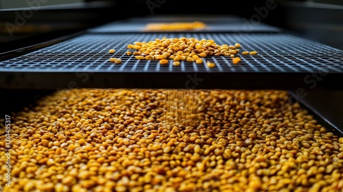 Corn Kernels Flowing Through Industrial Sifter in Food Production Plant Processing Equipment