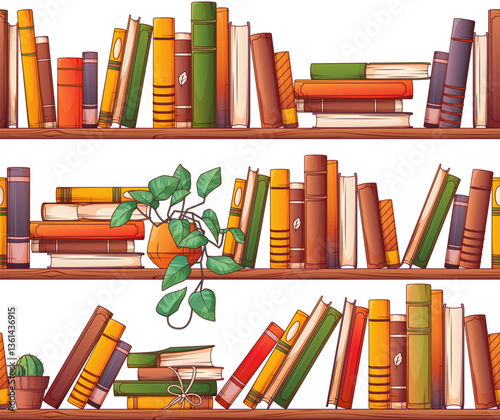 Vector seamless pattern of bookshelves isolated on white. Colorful  illustration of standing books, stack of books with rope. Book lover, bookstore, library concept.