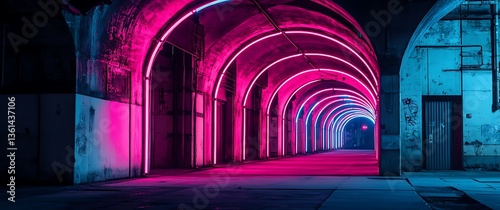 Fototapeta Naklejka Na Ścianę i Meble -  A cinematic photograph of an underground tunnel with pink and blue neon lights, Modern Futuristic Sci Fi Background. 3D illustration