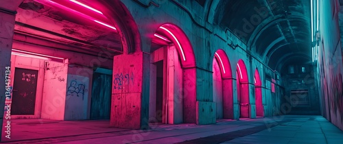 Fototapeta Naklejka Na Ścianę i Meble -  A cinematic photograph of an underground tunnel with pink and blue neon lights, Modern Futuristic Sci Fi Background. 3D illustration