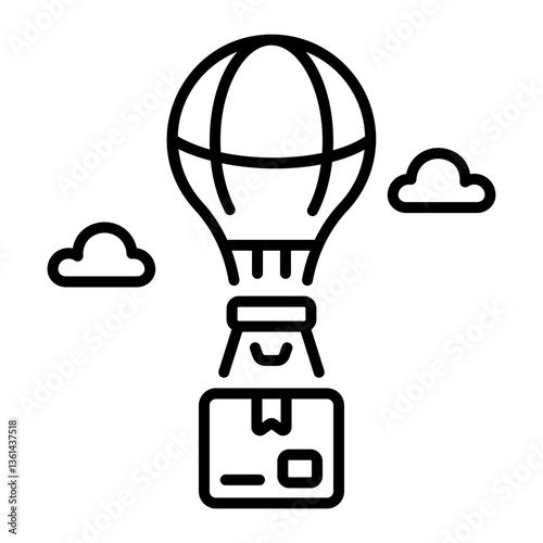 A hot air balloon with a package depicting parcel drop, line icon 