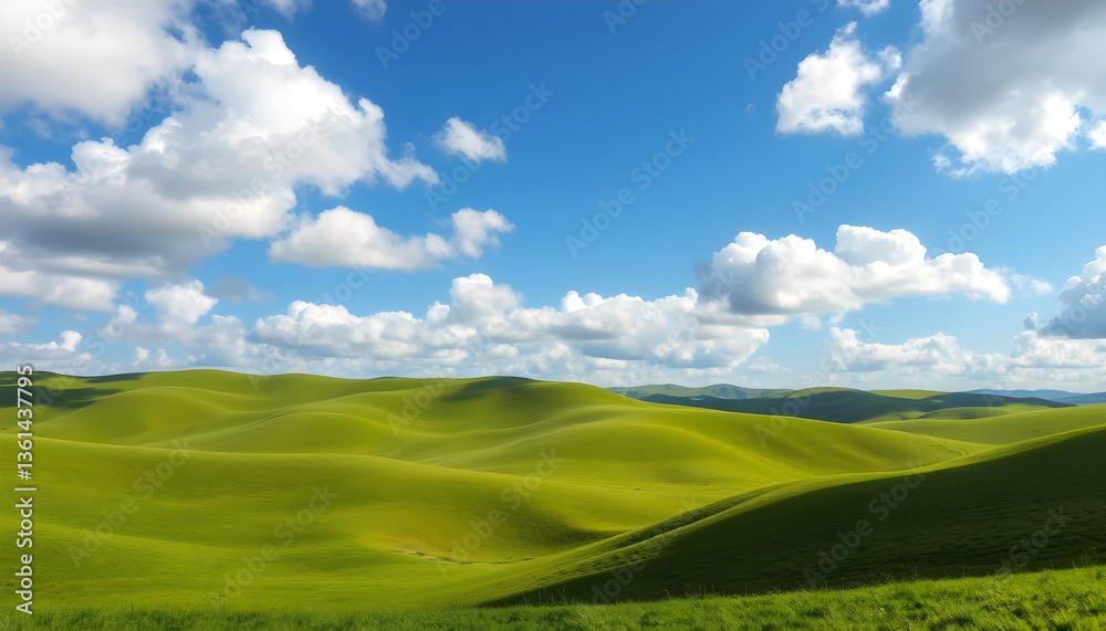Obraz premium Beautiful green hills and blue sky with clouds landscape scenic nature photography background wallpaper image