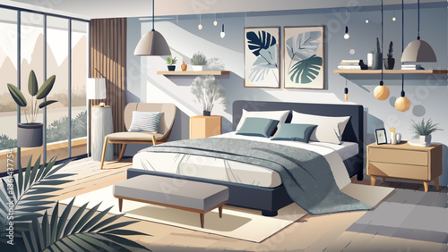 vector of serene modern bedroom where soft textures meet a monochrome palette, creating a peaceful retreat