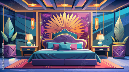 A luxurious modern bedroom with a statement headboard, mood lighting, and sleek furnishings
