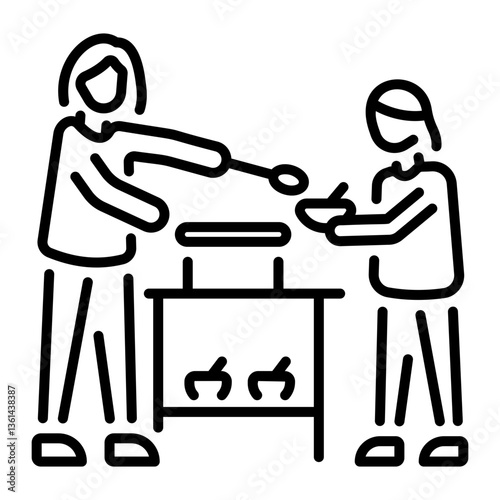 A linear style icon of a volunteer opening a soup kitchen 