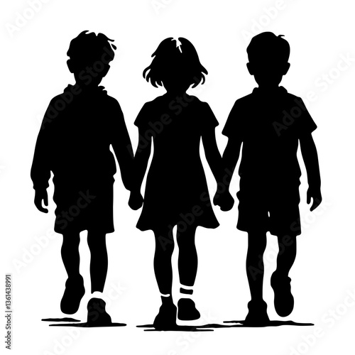 Three schoolchildren walking hand in hand silhouette