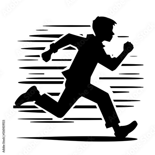 Schoolboy running fast with motion lines silhouette