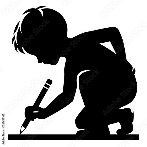 Schoolboy drawing on floor with pencil silhouette