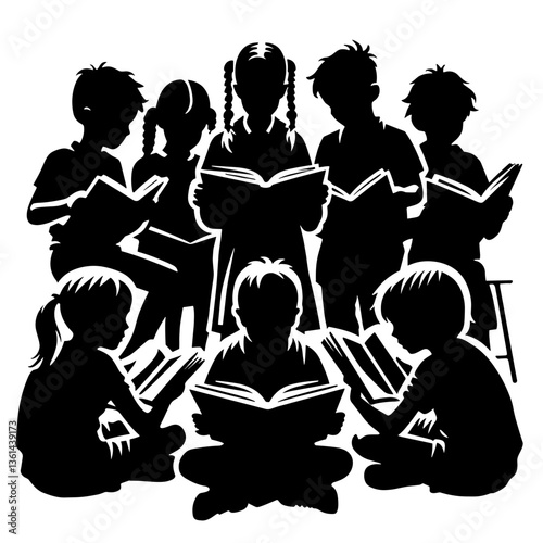 Group of schoolchildren reading books silhouette