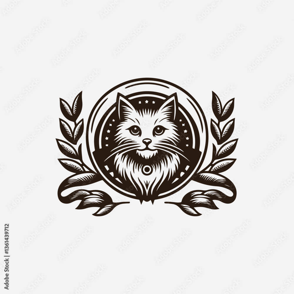 Fototapeta premium vintage retro cat illustration. Vintage cat logo. Black and white Persian Cat vector artwork. Cute cat illustration.