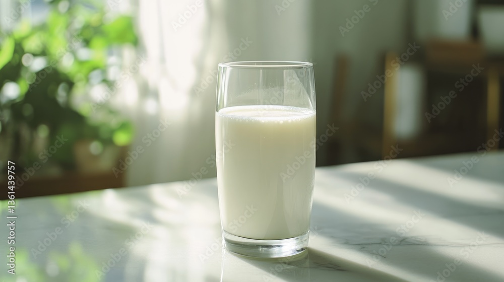 Glass filled with fresh milk sits on a kitchen counter, illuminated by sunlight, surrounded by plants and a serene atmosphere Glass filled with fresh milk sits on a kitchen counter, illuminated by sunlight, surrounded by plants and a serene atmosphere