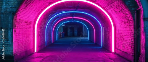 Fototapeta Naklejka Na Ścianę i Meble -  A cinematic photograph of an underground tunnel with pink and blue neon lights, Modern Futuristic Sci Fi Background. 3D illustration