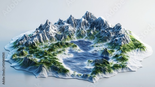 Detailed topographical model showcasing mountains, forest, and a central lake