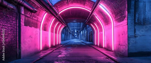 Fototapeta Naklejka Na Ścianę i Meble -  A cinematic photograph of an underground tunnel with pink and blue neon lights, Modern Futuristic Sci Fi Background. 3D illustration