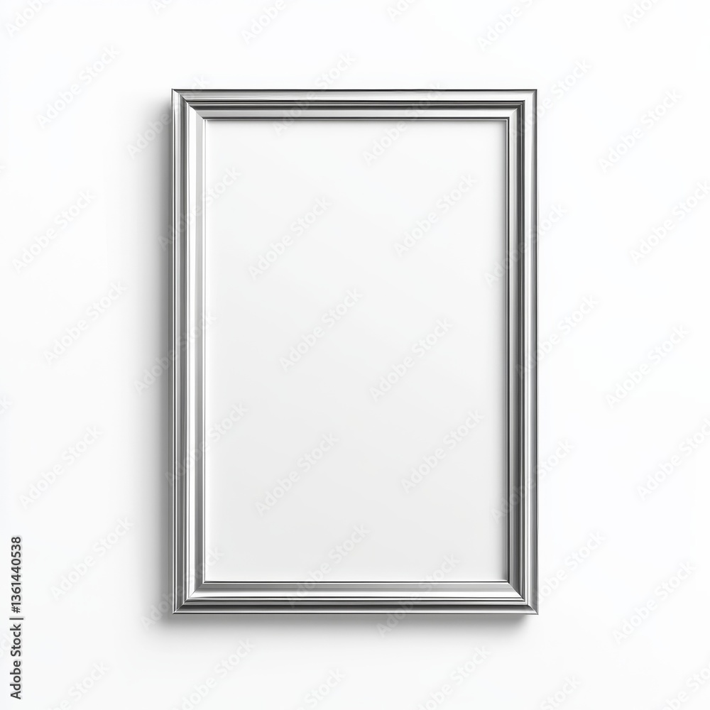 Obraz premium Silver Rectangular Picture Frame Mockup on White Wall, Ideal for Art Prints, Photos, and Home Decor Presentations.