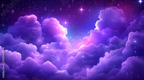 Fototapeta Naklejka Na Ścianę i Meble -  Glowing purple clouds and stars at night.