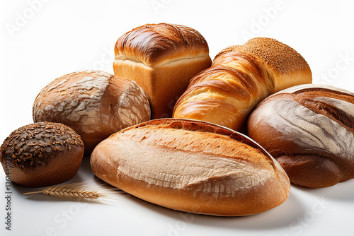 Various types of bread, different sizes and shapes, on a PNG background