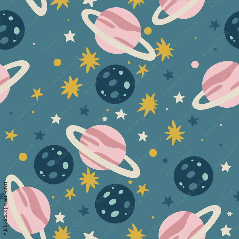 Naklejka premium Space Planet Seamless Pattern with Stars