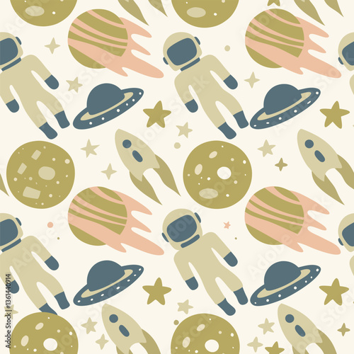 Space Astronaut Seamless Pattern with Planets
