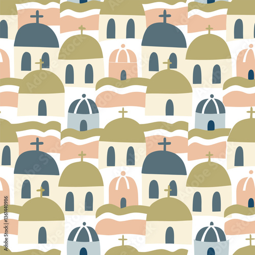 Santorini Dome Buildings Seamless Pattern
