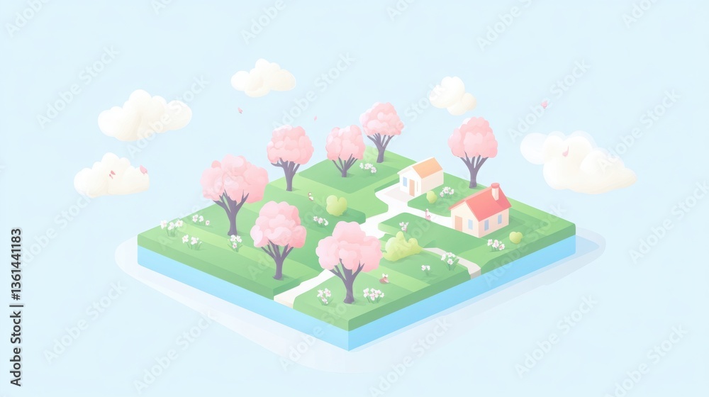 Fototapeta premium Spring landscape with blooming trees and tiny houses under soft blue sky. Generative AI