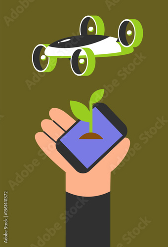 Agricultural drones in use in phone app. Smart farming solutions. Modern agriculture technology. Flat vector illustration.