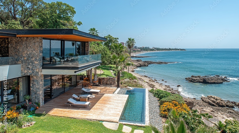 Fototapeta premium A luxurious seaside villa with a beautiful ocean and sky view