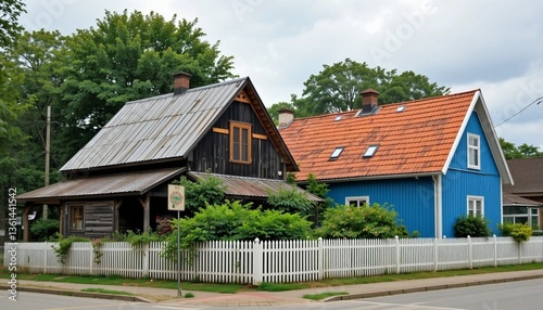 Wallpaper Mural Old vs New House – Half Renovated Vintage Home with Modern Contrast. Torontodigital.ca