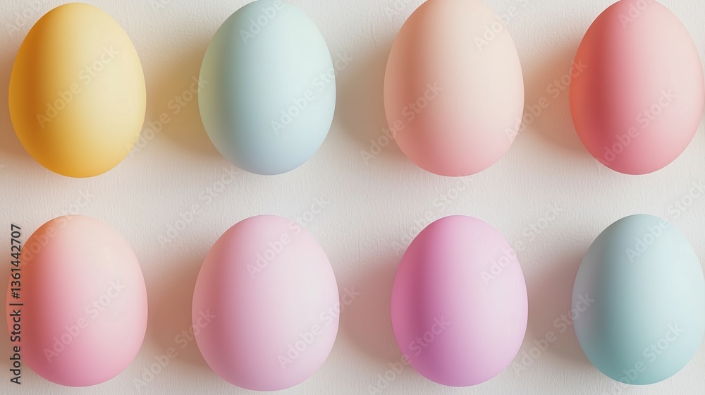 Minimalist Easter geometric pattern with gradient pastel eggs (lavender, peach, sage) in symmetrical repeat layout on ivory textured paper, with watercolor brush strokes. Seamless tileable 3D render Minimalist Easter geometric pattern with gradient pastel eggs (lavender, peach, sage) in symmetrical repeat layout on ivory textured paper, with watercolor brush strokes. Seamless tileable 3D render